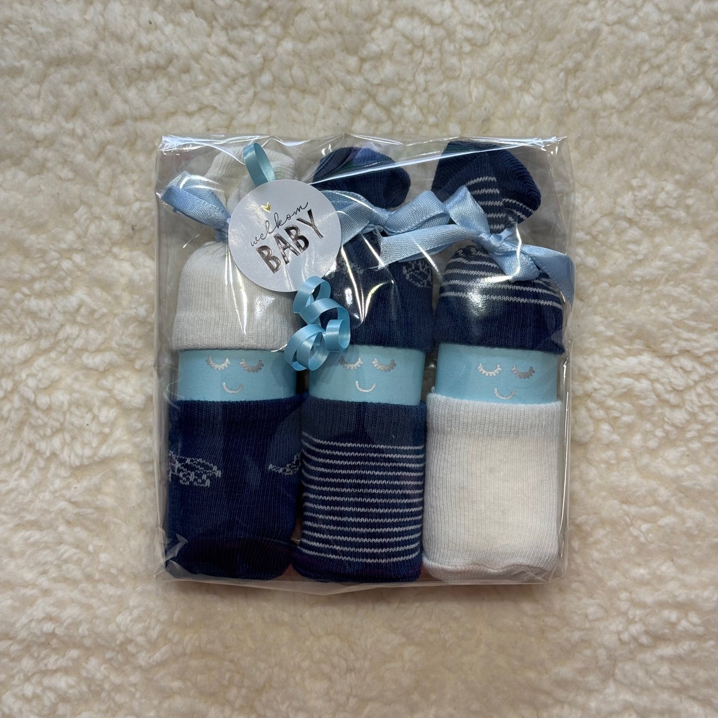 Kraamcadeau poppetjes jongen (3 stuks blauw/wit patroon)