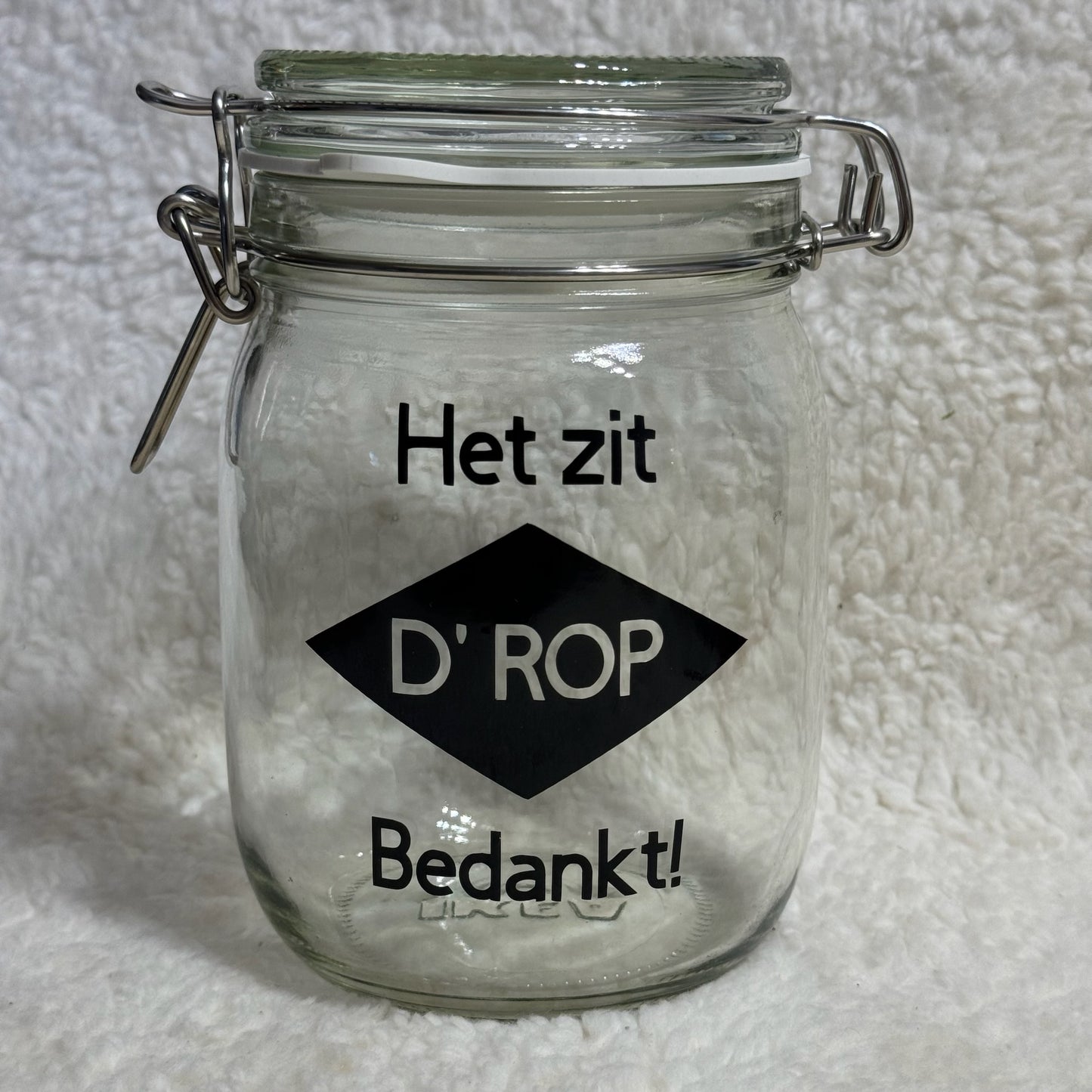 Bedrukte weckpot het zit D'ROP